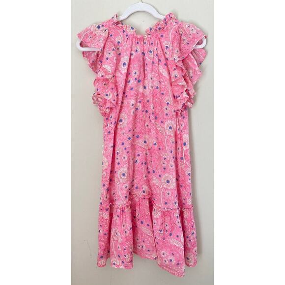 Oliphant Flirty Ruffle Hem Carolina Pink Cotton Block Print Dress Tuckernuck Med - Picture 10 of 16